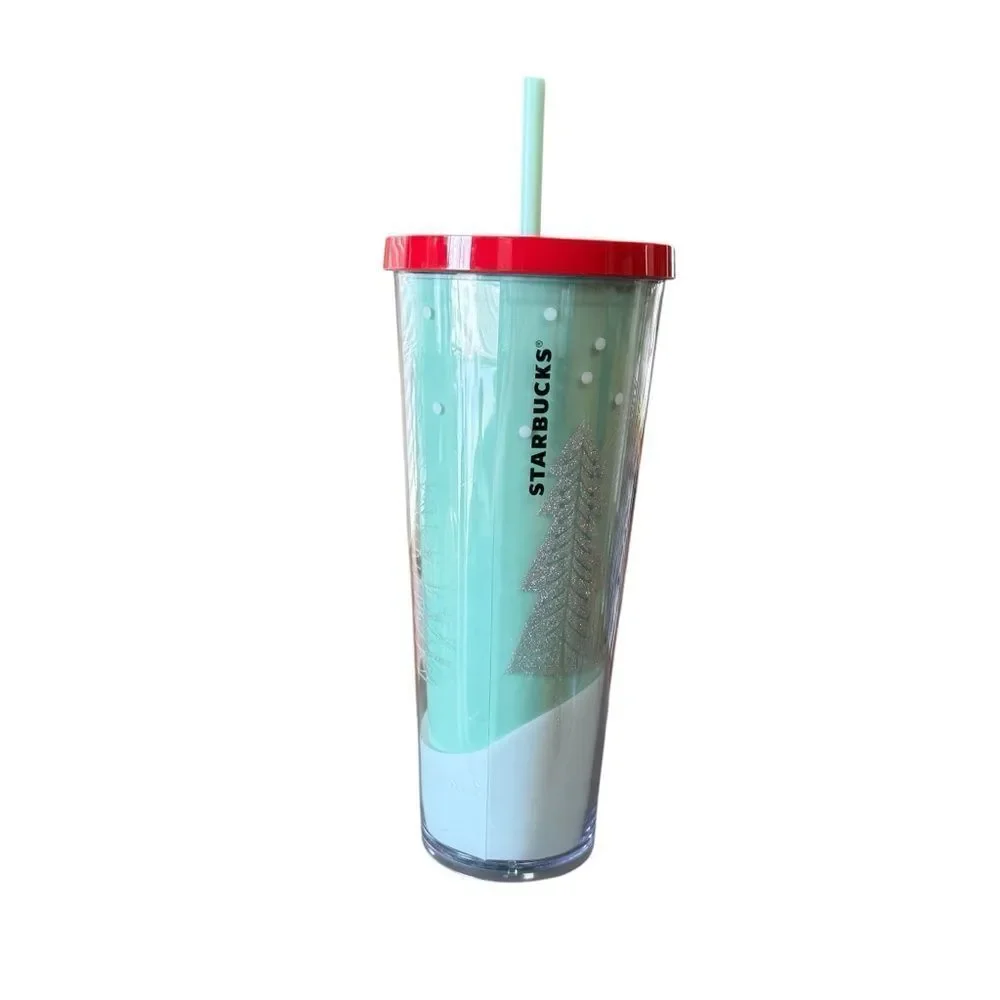 Starbucks 2018 Glitter Christmas Tree Holiday Tumbler 24 oz Mint Green Red lid